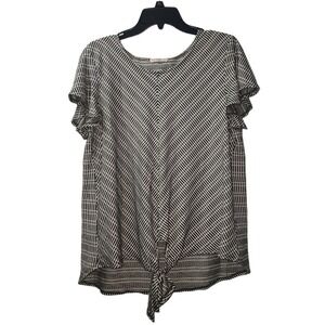 Retrology Tie-Front Top Ruffle Sleeve Blouse Casual Black White XL‎